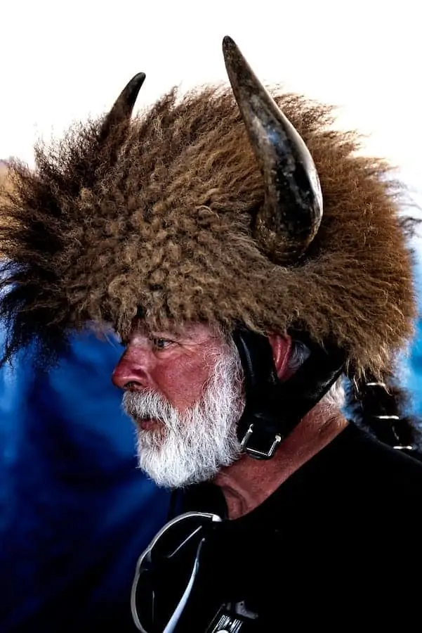 Man at Bike Week wearing furry helmet with horns