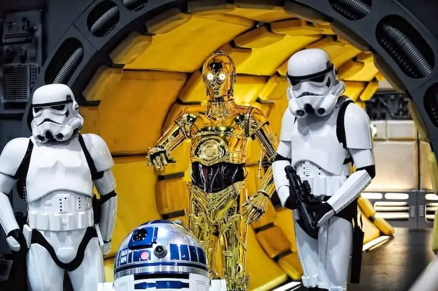 C-3PO, R2-D2, Storm Troopers inside Millennium Falcon