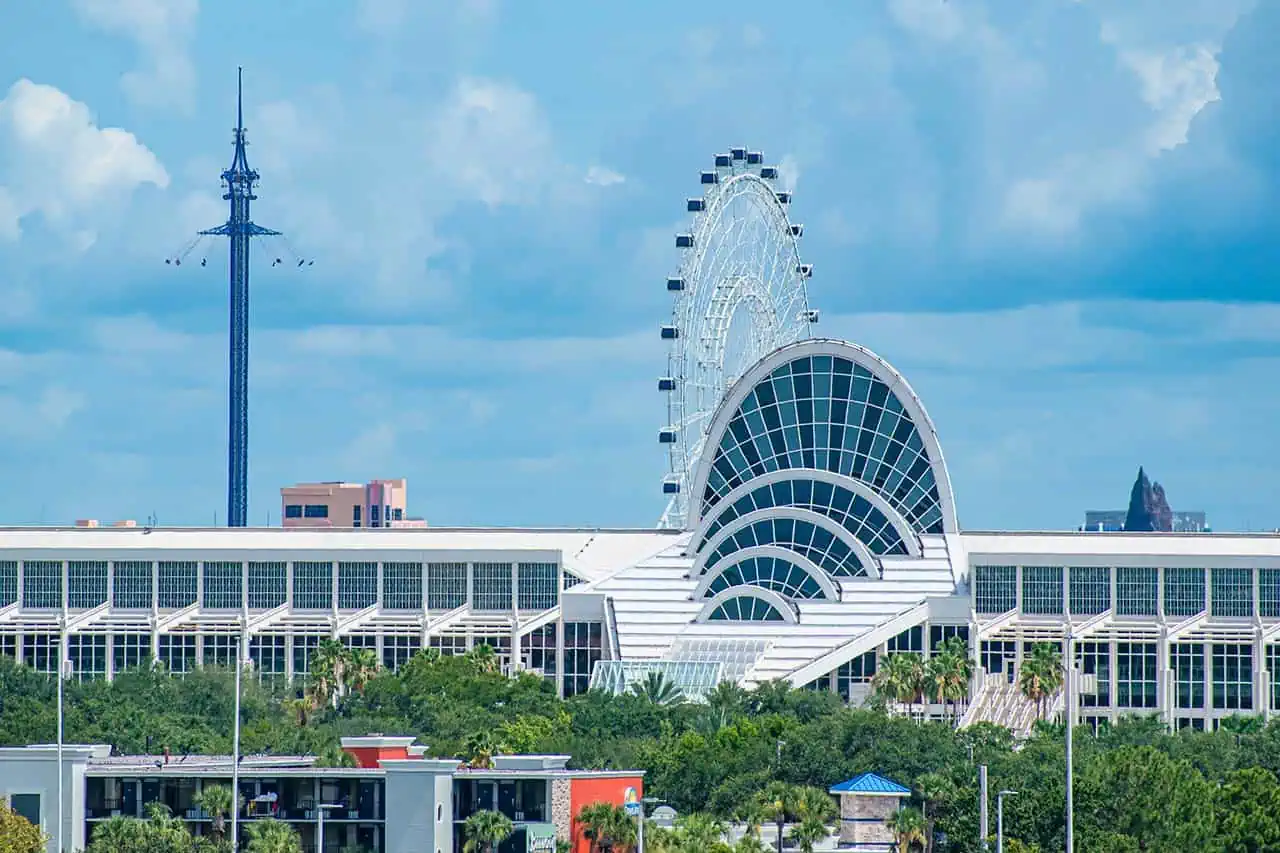 Orange County Convention Center exterior with Orlando Eye and Icon Park behind it.